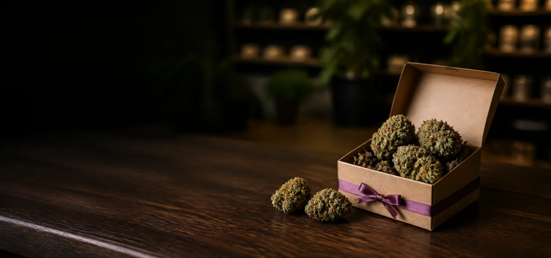 Flores presentadas en una caja de regalo sobre un mostrador de madera
